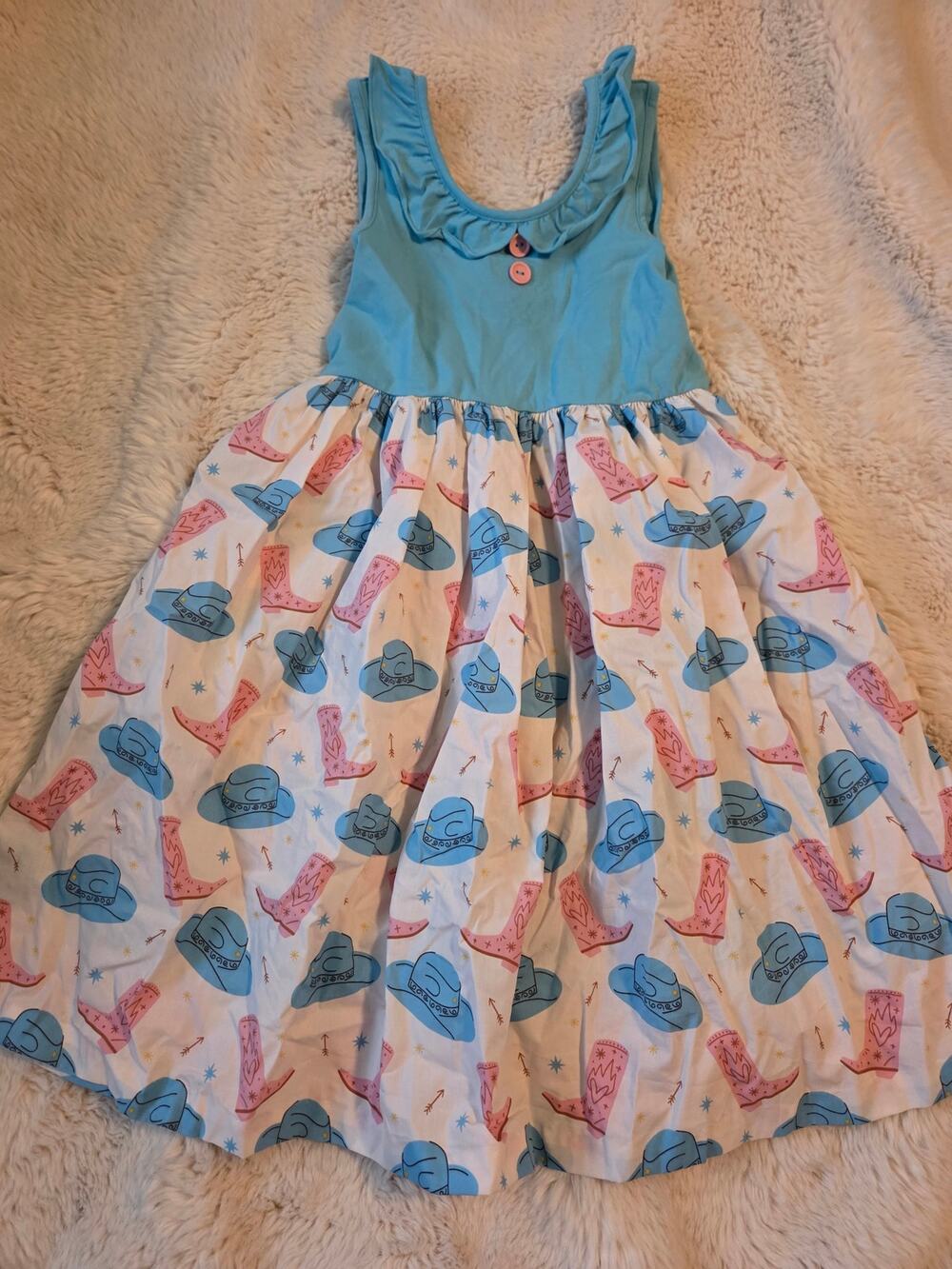 Eleanor Rose Cowgirl Hats & Boots Ruffle Twirl Dress Blue/Pink Boutique 14-16